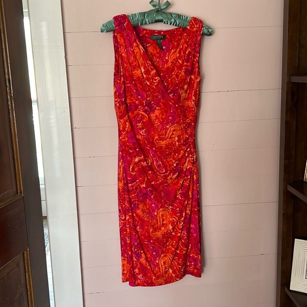 Lauren Ralph Lauren Dress Sleeveless Side-ruching Orange Pink V Neck Size 6
